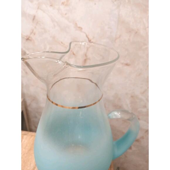 1950 West Virginia Blendo Glass Pitcher Frosted Turquoise Gold w Box Party MCM - Picture 4 of 16